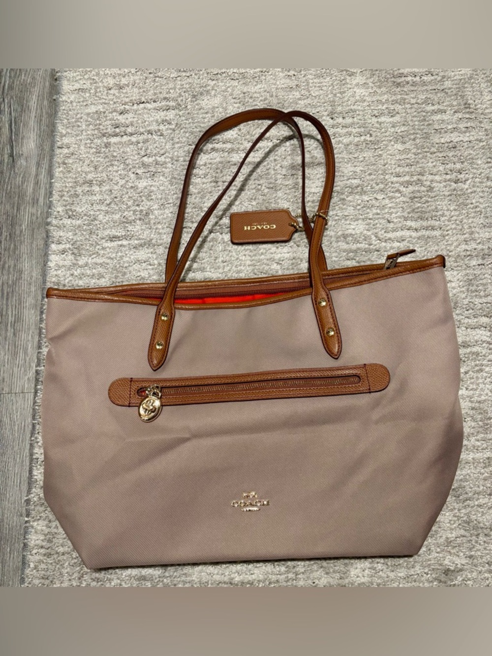 New Coach Pink Tote with Tan Leather Trim and Gold Hardware - Picture 2 of 11